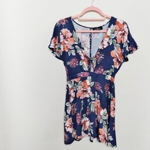 Lulu's V Neck Floral Print Cut Out Mini Dress Size Small